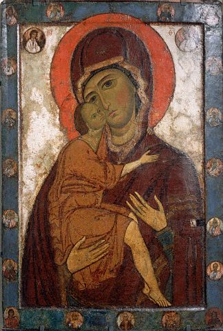Russian Medieval Painting of The Virgin Eleusa, first half 13th century