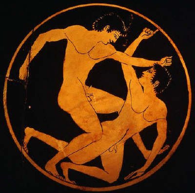 Ancient Greek Cup with Two Athletes Wrestling by Epictetos ca. 530 BC
