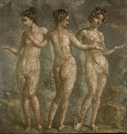 Ancient Roman Fresco Painting of The Three Graces. A painting from Pompeii