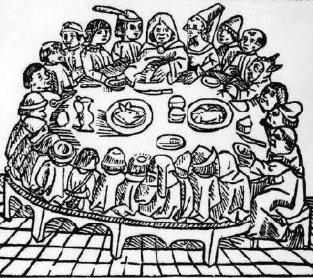 Canterbury Pilgrims seated down to eat at a round table