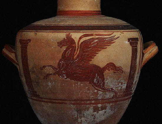 Close-Up View of Amphora with Pegasus and Columns ca. 5th c B.C