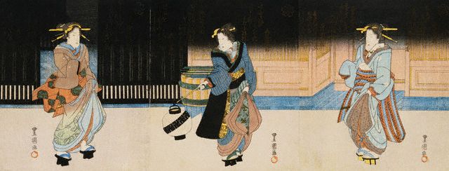 Two Geisha and a Maid Holding a Lantern in a Yoshiwara Street at Night