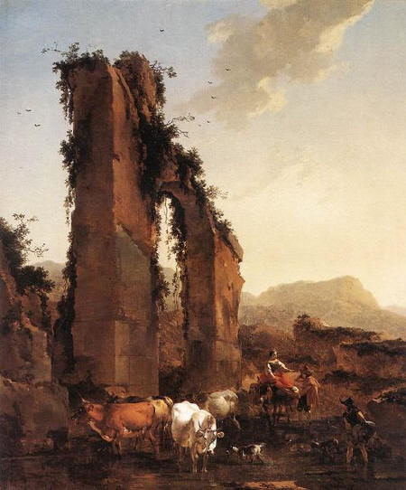 Peasants with Cattle by a Ruined Aqueduct by Nicholas Berchem