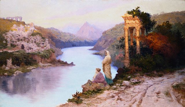 Figures by a River with Classical Ruins by Maurice Chabas