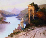 Figures by a River with Classical Ruins by Maurice Chabas