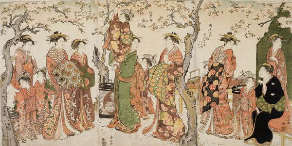Courtesans and Attendants Viewing Cherry Blossoms by Torii Kiyonaga 1785