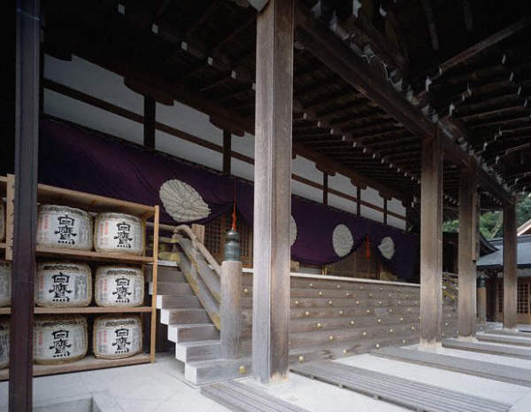 Sake Offerings in a the Kaguraden Hall at Ise Shrine, Japan