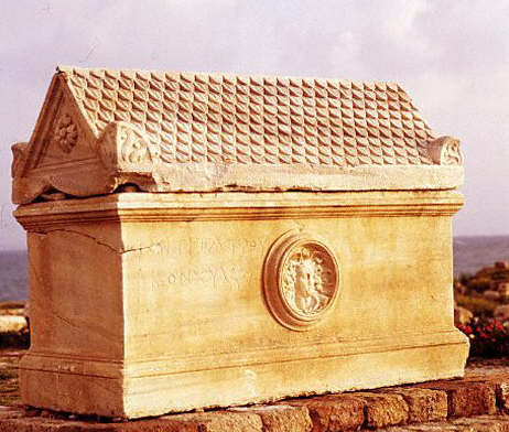 A Greek sarcophagus with a carved lid in Tyre, Lebanon