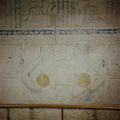 Relief Painting of Nekhbet, Wajyt, and Scarab Beetle in Tomb of Petosiris