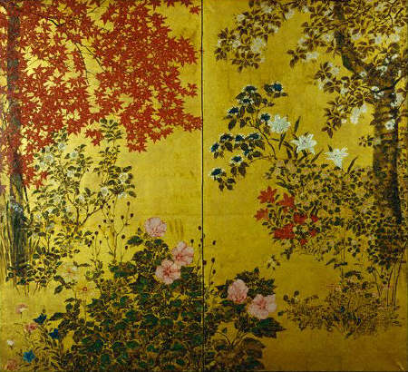 Japanese Screen with Trees and Flowering Plants 18th c