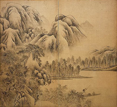 Landscape Scene of Mountains and Lake by Ki Baitei. 1780s