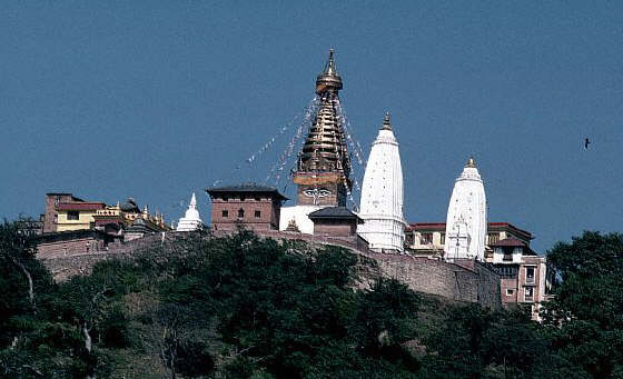 The Buddhist Swayambhunath Stupa sits on Swayambhu Hill, Katmandu, Nepal