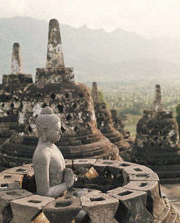 Seated Buddha and Stupas