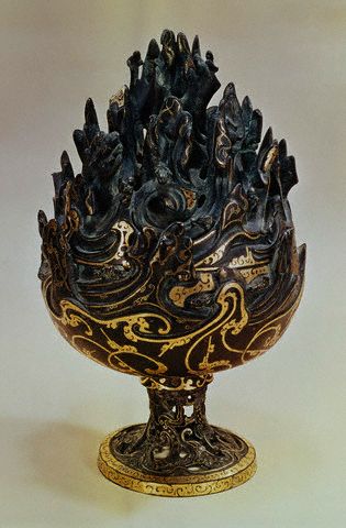 Bronze Boshan Incense Burner with Gold Inlay
