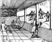 An engraving of a tennis match from 1659