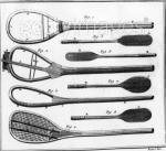 1769: A game of royal tennis in a walled court and examples of tennis raquets