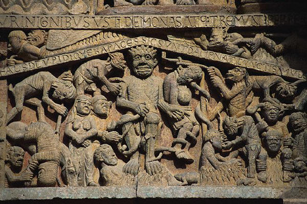 Detail of Satan and the Chaos of Hell, St. Foy Church Tympanum