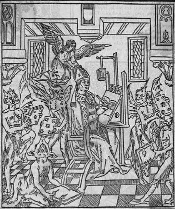 St. Augustine composing the 'City of God' while devils try to interfere with his meditation