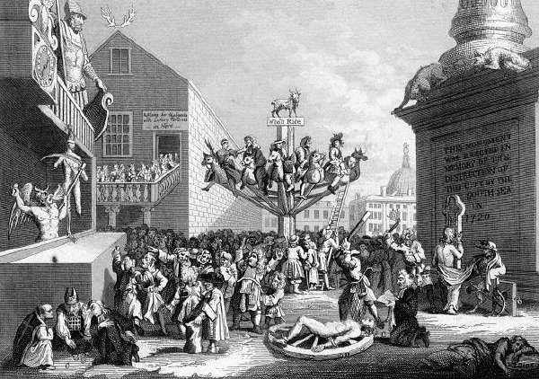 Print Of Torture, Festival, Gen Insanity. An emblematic print on the South Sea Bubble. Engraving by Hogarth