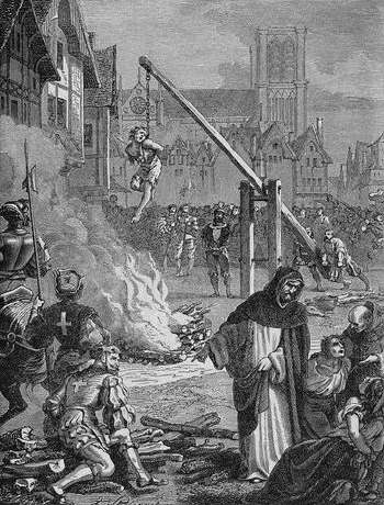 A female Huguenot tethered to a chain hangs in mid air during the religious persecution of French protestants