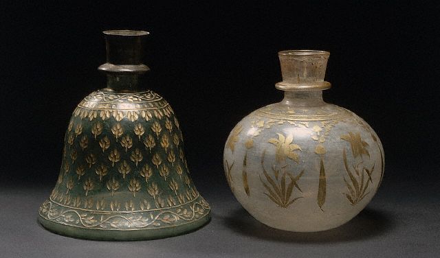 18th century Mughal glass hookah bowls decorated with goldwork