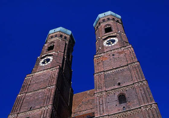 Twin clock towers on Munich's Cathedral Church of Our Lady, or Frauenkirche