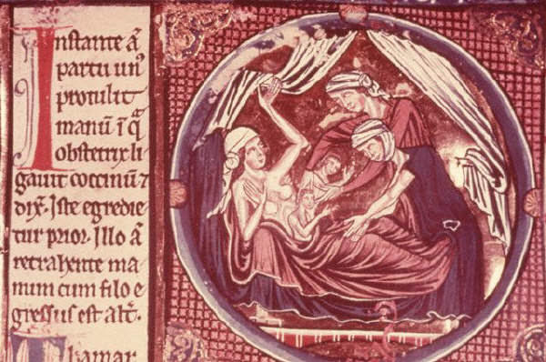 An illuminated manuscript depicts two midwives as they assist a woman give birth to twins