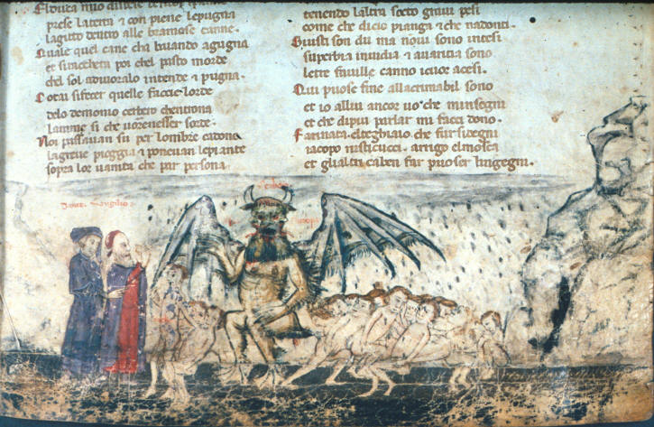 Divine Comedy, 14th century. Virgil, with Dante, throws earth at Cerebus
