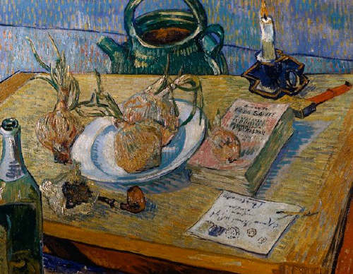 Plate with Onions, Annuaire de la Sante, and Other Objects by Vincent van Gogh 1889