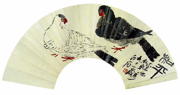 Fan with pigeons by Ci Bai-shi