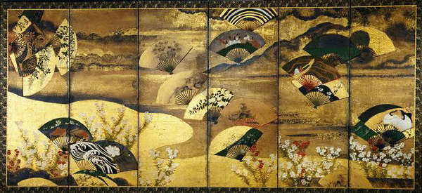 A Six Panel Screen Painted in Sumi, Color and Gofun on Paper Sprinkled with Scattered Fans ca.18th c