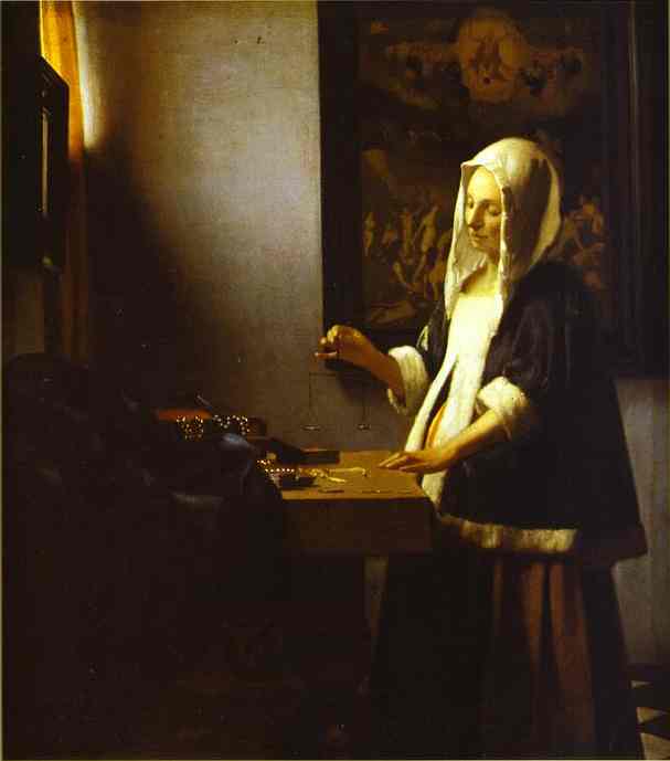 Jan Vermeer. Woman Weighing Pearls. c.1662-1664