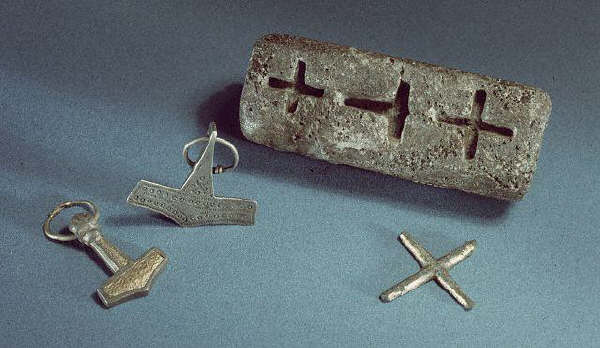 Viking smith's mould for casting both Christian crosses and Thor's hammers, from Denmark