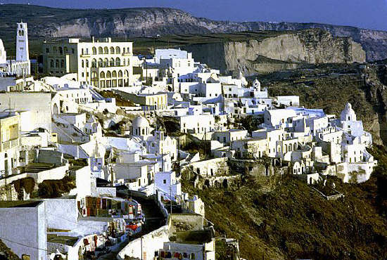The main town of Thira (Fira), on the island of Santorini, also known as Thira