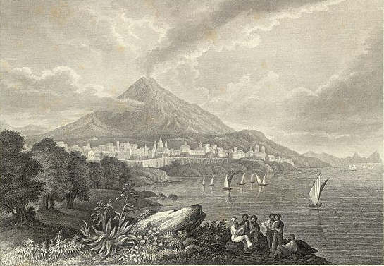 View of Mount Etna, a large volcano in Sicily, and surrounding town with sailboats and people.