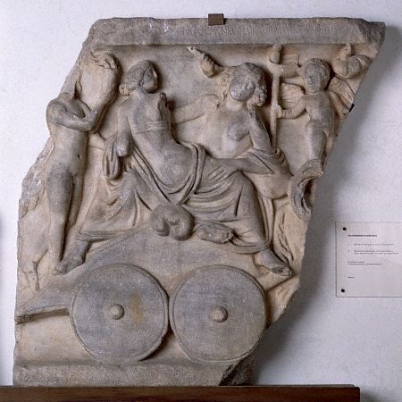 Roman Sarcophagus Fragment depicting Ariadne and Dionysus on a Chariot