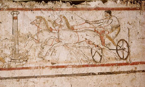 Etruscan wall painting of a man riding a chariot