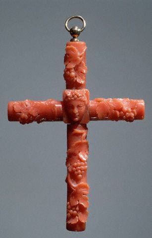 Coral Cross Pendant with Grapevine Motifs in Relief
