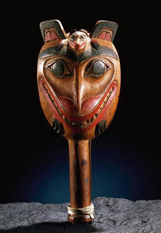 Tsimshian Rattle With Wolf Face in Relief