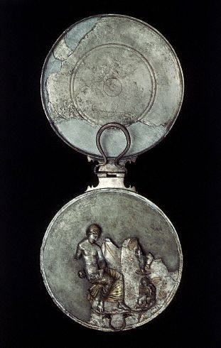 Ancient European Mirror Case With Figure of a Seated Woman