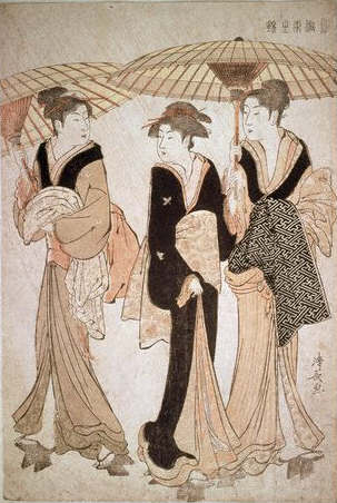 Three Geisha in Rain by Torii Kiyonaga